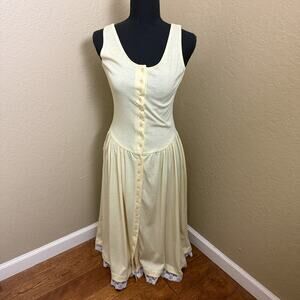 Vintage Timely Trends Womens 9/10 Pale Yellow Button Front Maxi Dress Lace Hem